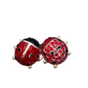 Double Ladybug Brooch Red Enamel Rhinestone Silver Tone Pin